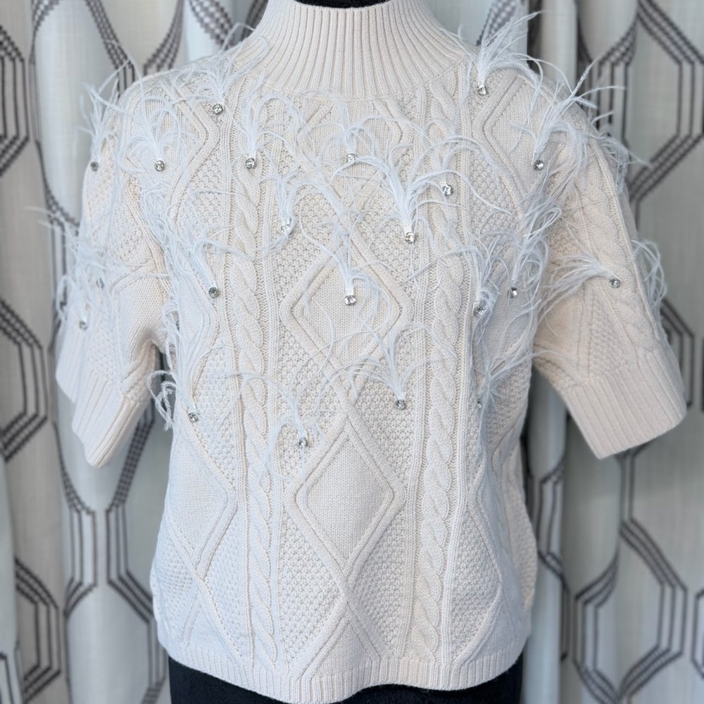 Ann Taylor Cream Feather-Embellished Turtleneck Sweater